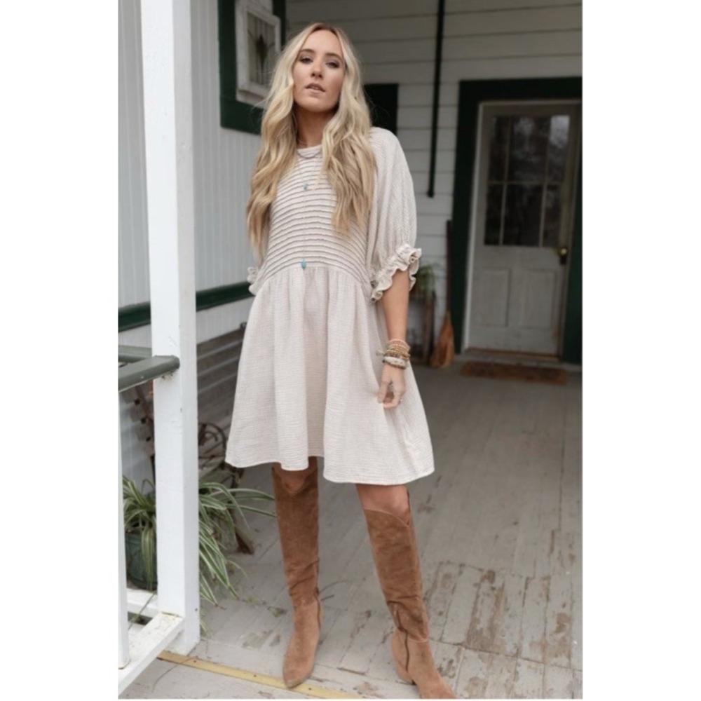 Three Bird Nest Cream Textured Babydoll Dress